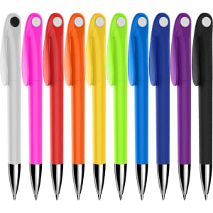 A collection of plastic pens in white, pink, red, orange, yellow, green, purple, and black, featuring clip tops and shiny ends.