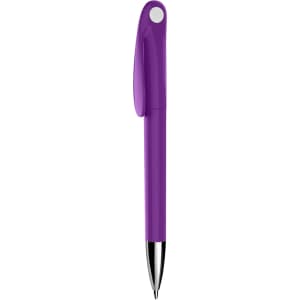 A plastic pen in vibrant purple with a sleek design and a clip, featuring a branding logo.
