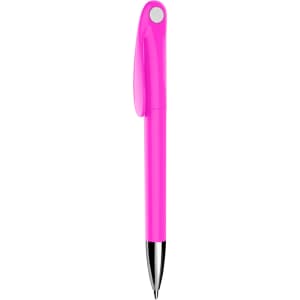 A pink plastic pen with a sleek design and a silver tip, featuring a logo on its body.