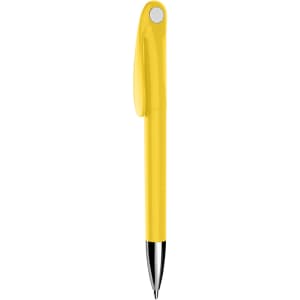 A yellow plastic pen with a sleek design and a click mechanism, featuring a logo on its body.