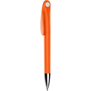 An orange plastic pen with a smooth finish and a clickable top. It features a logo near the clip.