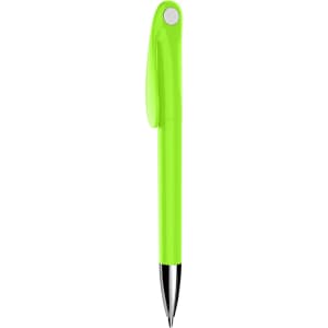 A plastic pen in vibrant lime green with a black tip and a clip. Features a logo on the body.