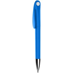 A blue plastic pen with a smooth finish and a prominent clip, featuring a branding logo.
