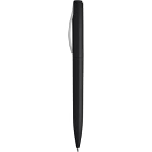 A black plastic pen with a sleek design and a silver clip, featuring a branding logo.