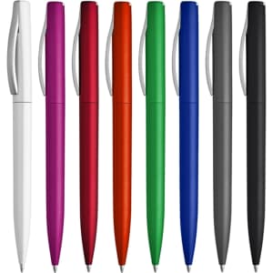 A collection of plastic pens in white, red, purple, orange, green, blue, black, and grey, featuring a silver clip.