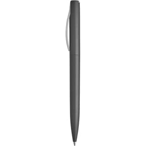 A metallic grey plastic pen with a sleek design and a clip for attaching to notebooks or pockets.