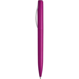 A purple plastic pen with a sleek design and a silver clip, featuring a logo on the body.