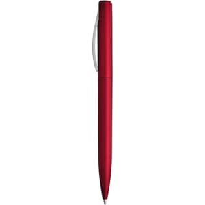 A red metallic pen with a sleek design, featuring a silver clip and a logo.