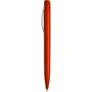 A plastic pen in a vibrant orange colour with a sleek design and a silver clip, featuring a logo on the barrel.