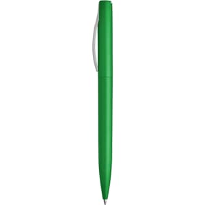 A green plastic pen with a sleek design and a silver clip, featuring a logo on its barrel.