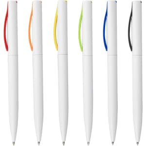 A collection of six plastic pens in white with coloured grips: red, orange, green, blue, black, and yellow.