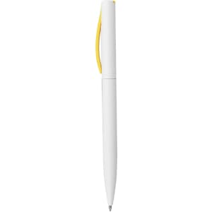 A plastic pen with a white body and yellow clip, featuring a logo on its surface.
