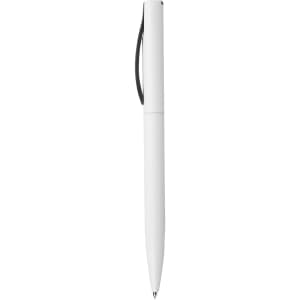 A plastic pen in white with a removable cap, featuring a black clip and tip. It has a simple, sleek design.