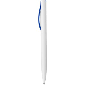 A white plastic pen with a blue clip and tip, featuring branding on its body.