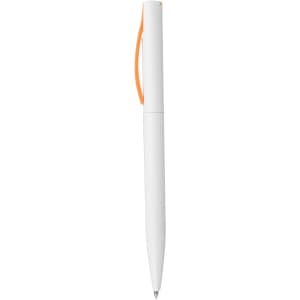 A white plastic pen with an orange grip and clip, featuring a simple design and a logo.