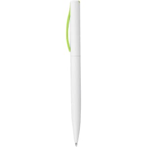 A plastic pen in white with a green clip, featuring a sleek design and a logo on the barrel.