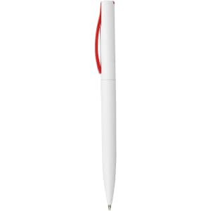 A white plastic pen with a red clip and a logo on the body.