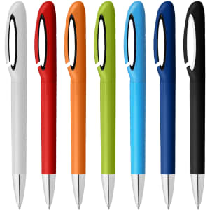 A range of pens in white, red, orange, green, blue, and black, featuring a sleek design and a logo on each.