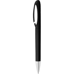 A black pen with a sleek design featuring a clip and a silver tip. It includes branding on the surface.