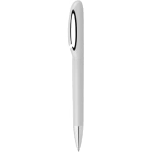 A white pen with a black grip and a clip, featuring a sleek, streamlined design and a silver tip.