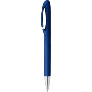 A blue pen with a sleek design and a silver tip, featuring a logo on its body.