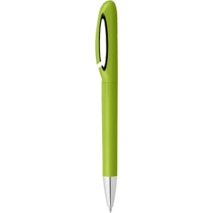 A vibrant green pen with a sleek design and a black accent. It features a clip for easy attachment.