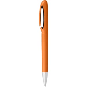 An orange pen with a sleek design and a silver tip, featuring a black accent and a logo.