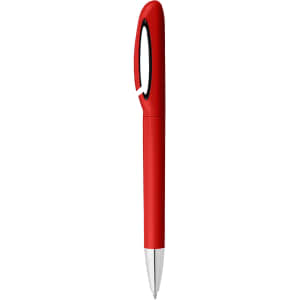 A red pen with a sleek design and a silver tip, featuring a clip for easy attachment. It has a branding logo.