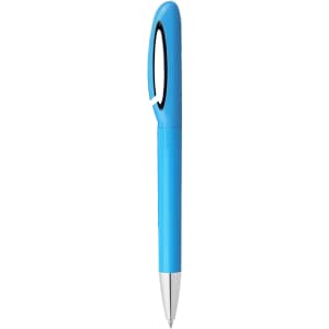 A blue pen with a unique design and a clip, featuring a silver metallic tip. It has a logo on it.
