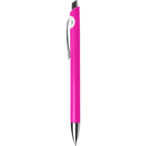 A plastic pen in vibrant pink with a silver clip and a shiny silver tip. It features a branding logo.