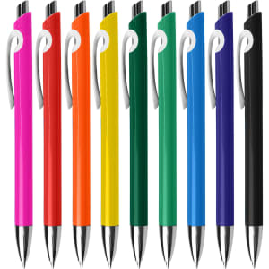 A collection of plastic pens in pink, orange, yellow, red, green, blue, and purple, each with a white grip and a logo.