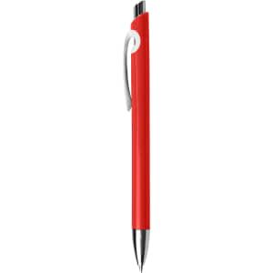 A red plastic pen featuring a silver clip and a smooth design. It has branding on the barrel.