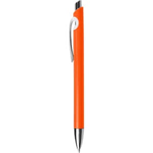 An orange plastic pen with a sleek design and a silver clip, featuring a simple branding logo.