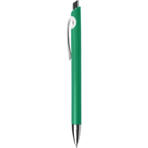 A green plastic pen with a silver clip and tip, featuring a simple design.