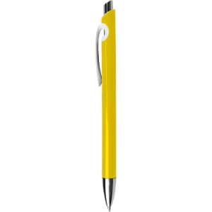 A yellow plastic pen with a silver clip and a sleek design. It features a logo on its body.