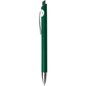 A green plastic pen with a silver clip and a sleek design. It features a logo on the barrel.