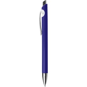 A plastic pen in a vibrant blue colour with a silver clip and trim. It features a logo.
