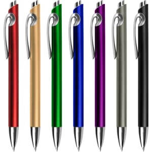 A collection of plastic pens in red, gold, green, blue, purple, grey, and black, featuring a silver clip and logo.