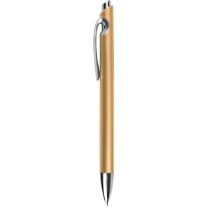 A metallic gold pen with a sleek design and silver accents, featuring a clip and a polished tip.