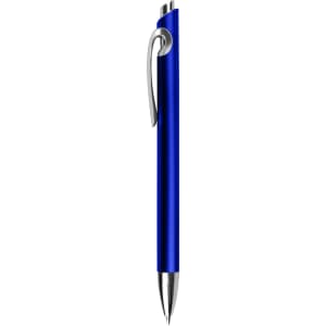 A blue plastic pen with a silver clip and a shiny finish. It features a branding logo near the top.