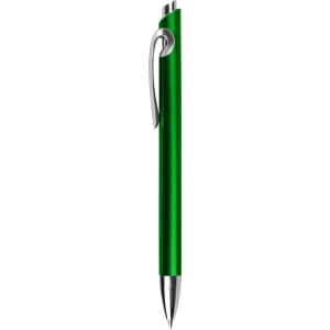 A green plastic pen with a silver clip and a shiny finish. It features a branding logo on the barrel.