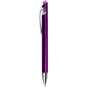 A purple plastic pen with a silver clip and tip, featuring a sleek design and a branding logo.