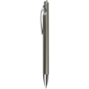 A sleek, metallic grey pen with a chrome clip and tip, featuring a simple design and branding.