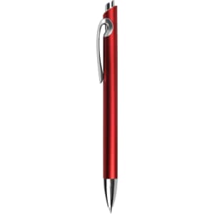 A red plastic pen with a shiny silver clip and tip, featuring a sleek design and a logo.