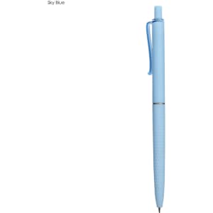 A sky blue plastic pen with a textured grip and clip. The pen features a logo on its body.