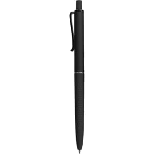 A black plastic pen with a smooth finish and a clip for attachment. The pen features a textured grip.