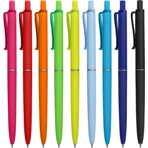 A row of plastic pens in pink, red, orange, green, yellow, blue, and black, featuring a logo on each pen.