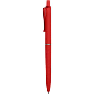 A red plastic pen with a clip and a smooth finish, featuring a logo on its surface.