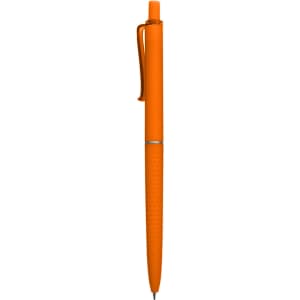 An orange plastic pen featuring a textured grip and a clip. The pen has a logo on its body.