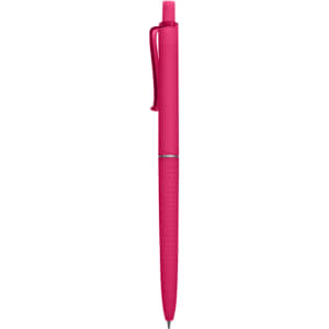 A pink plastic pen with a clip and a textured grip, featuring a logo on the barrel.